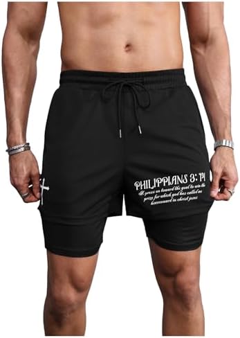 2 in 1 Running Shorts Cross Print Athletic Gym Workout