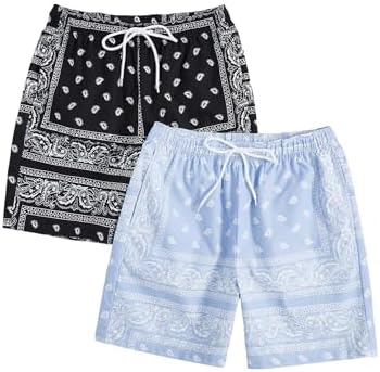 2 Pack Men's Boho Drawstring Waist Paisley Print Summer