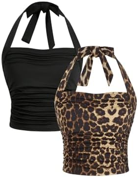 2 Pcs Sleeveless Halter Top Leopard Print Ruched Y2k Tank