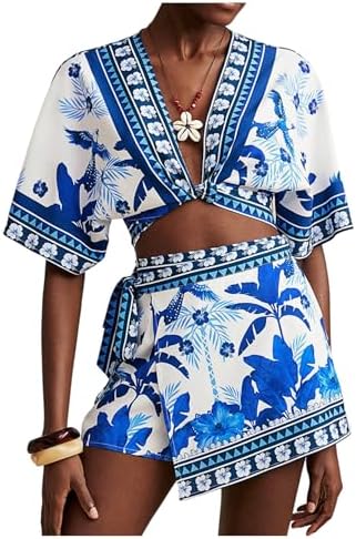 2 Piece Beach Vacation Outfit Tropical Crop Tops and Tie
