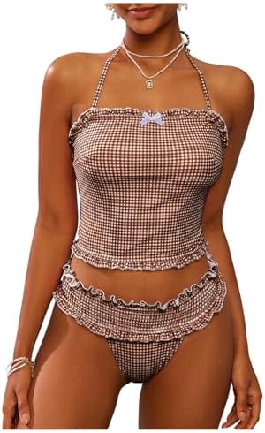 2 Piece Bikini Set Plaid Bow Halter Swimsuit Ruffle Trim