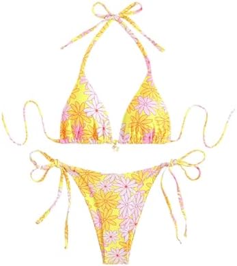 2 Piece Bikini Sets Floral Triangle Halter Swimsuits Tie