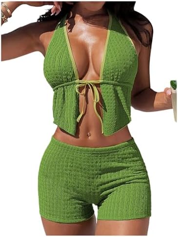 2 Piece Bikini Sets Textured Tie Front Halter Swimsuit