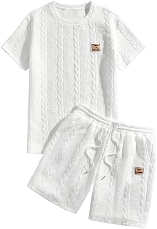 2 Piece Cable Knit Letter Patched Crewneck Tee and Shorts