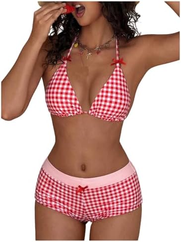 2 Piece Gingham Bikini Sets Halter Tops with Boyshorts