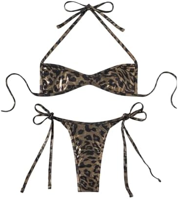 2 Piece Halter Bikini Sets Leopard Tie Side Swimsuit