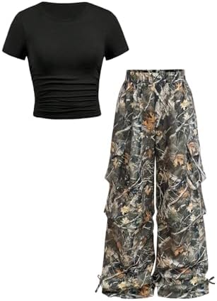 2 Piece Outfit Camo Print Cargo Pants with Ruched Tee