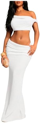 2 Piece Outfit Crochet Off The Shoulder Crop Tops and
