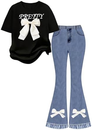 2 Piece Outfit Cute Bow Short Sleeve Tee Shirts and