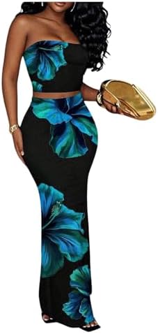 2 Piece Outfit Floral Print Strapless Crop Tube Top and
