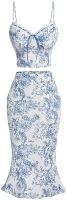 2 Piece Outfit Floral Print Tie Front Cami Top with Skirt