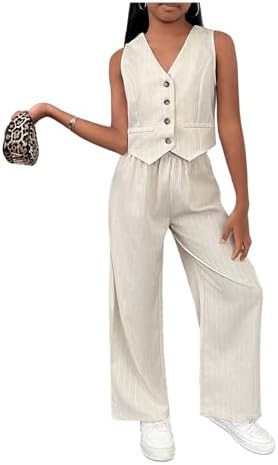 2 Piece Outfit Sleeveless V Neck Blazer Vest and Wide Leg