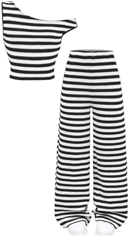 2 Piece Outfit Striped Textured Off The Shoulder Tops and