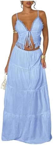 2 Piece Outfit Tie Front Camisole Top Tiered Maxi Skirt