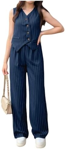 2 Piece Outfits Dressy Striped V Neck Button Down