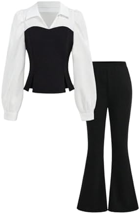 2 Piece Outfits Splice Collared Shirts and Flared