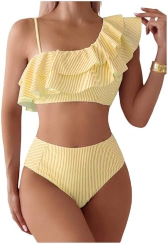 2 Piece Striped Bikini Set Ruffle Trim Swimsuit Beach