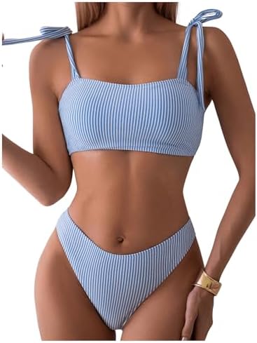 2 Piece Striped Bikini Sets Tie Shoulder Swimsuit High