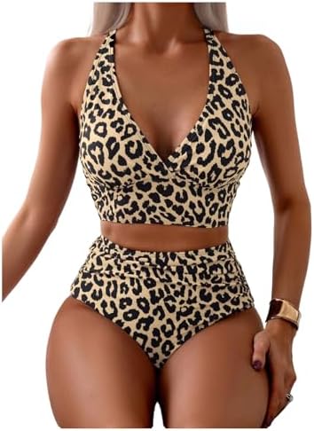 2 Piece Tankini Set Leopard Criss Cross Backless Halter