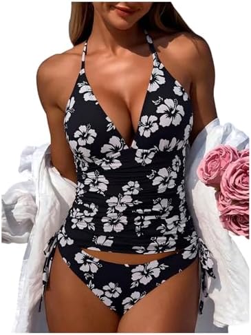 2 Piece Tankini Sets Floral Print Halter Swimsuit Tie