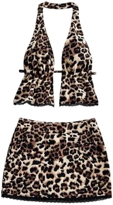 2 Piece Y2K Leopard Lace Outfits Backless Halter Crop Top