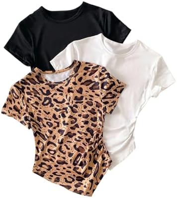 3 Pack Crew Neck T Shirts Leopard Ruched Asymmetric Hem