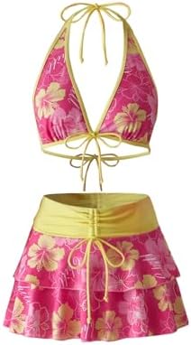 3 Piece Bikini Sets Cute Y2k Floral Halter Swimsuit