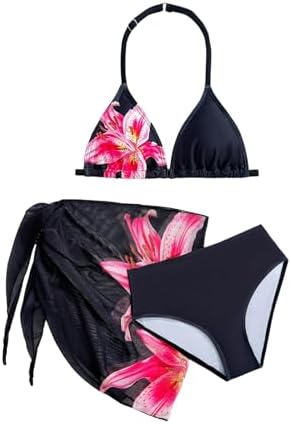 3 Piece Bikini Sets Floral Halter Swimsuit with Cover Up