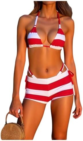 3 Piece Bikini Sets Striped Swimsuit Halter String with