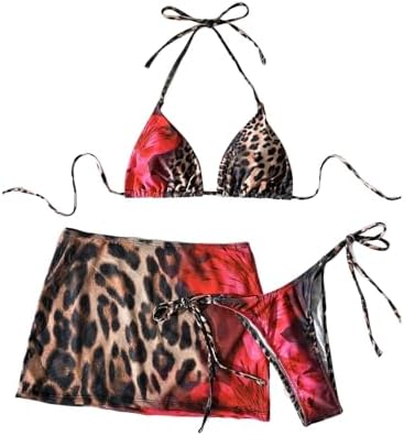 3 Piece Cheetah Print Bikini Sets Halter String Bathing