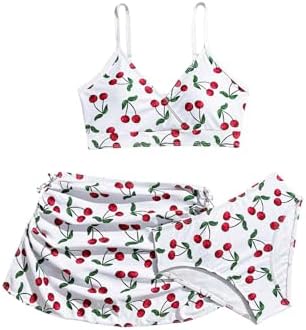 3 Piece Cute Cherry Print Swimsuit Ruched Drawstring
