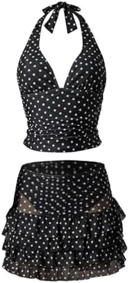 3 Piece Polka Dots Tankini Sets Backless Halter Swimsuit