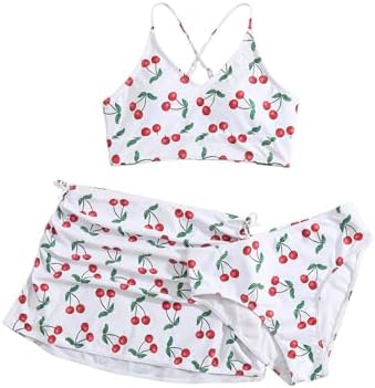3 Piece Swimsuit Cherry Print Cute Bikini Set with Cover