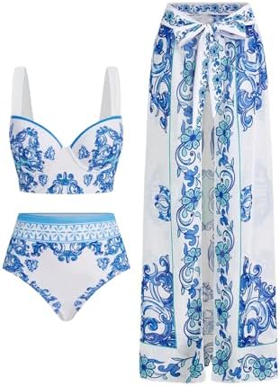 3 Piece Swimsuits Floral Print Bikini Sets with Beach