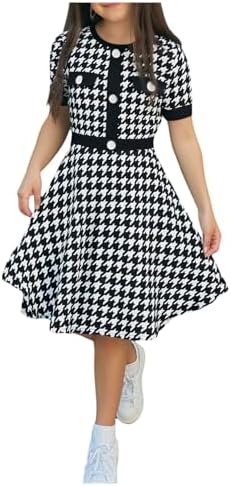 A Line Houndstooth Dress Button Short Sleeve Crew Neck