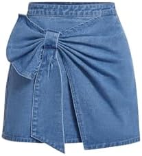 Asymmetrical Hem Bow Denim Skorts Cute Ruched Jean Skirt