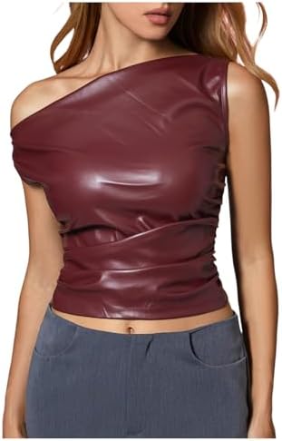 Asymmetrical Neck PU Leather Tank Top Sleeveless Ruched