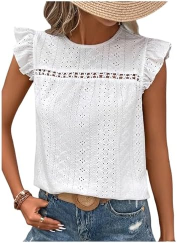 Boho Eyelet Embroidery Ruffle Cap Sleeve T Shirt