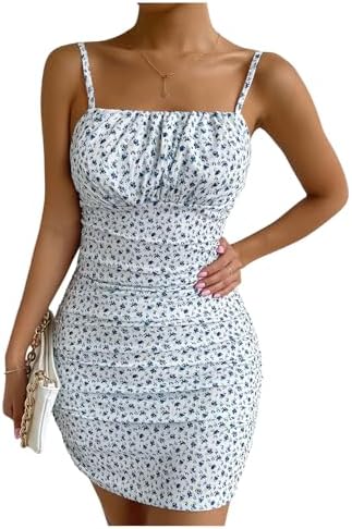 Boho Floral Print Cami Dress Spaghetti Strap Ruched