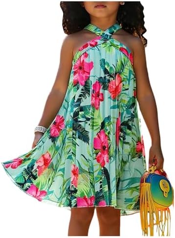 Boho Floral Print Halter Dress Sleeveless Pleated A Line