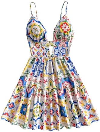 Boho Floral Print Mini Dresses Cut Out V Neck Tiered