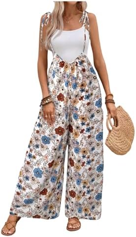 Boho Floral Sleeveless Jumpsuit Summer Tie Shoulder Wide