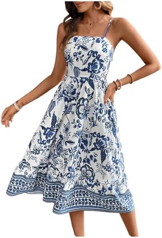 Boho Floral Spaghetti Strap Dress Shirred Flared A Line
