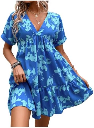 Boho Floral V Neck Ruffle Dress Short Sleeve Vacation