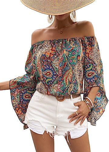 Boho Off Shoulder 3/4 Bell Sleeve Summer Blouse Top