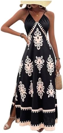 Boho Print V Neck Split Cami Dress Sleeveless Vacation A