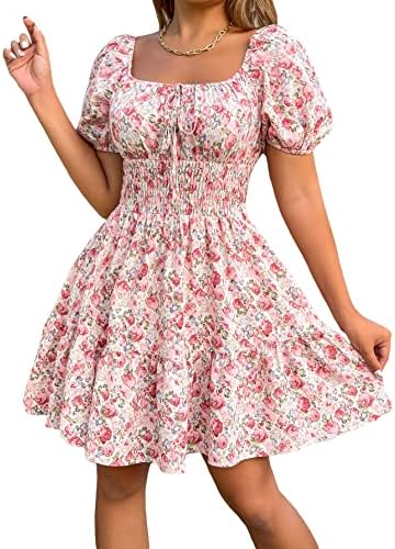 Boho Square Neck Puff Short Sleeve Self Tie Front A Line