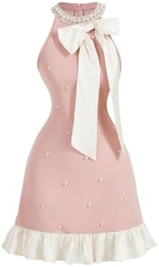 Bowknot Halter Dress Pearl Ruffle Hem Party Mini Dresses