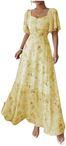 Butterfly Short Sleeve Boho Maxi Dress Sweetheart Neck