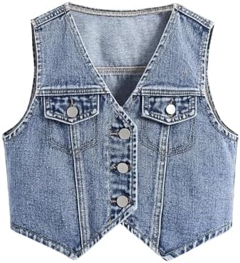 Button Down Denim Vest V Neck Sleeveless Asymmetrical